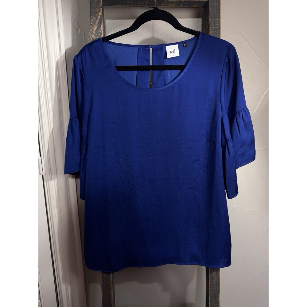 CAbi Short Ruffled  Sleeve Silky Chiffon Royal Blue Women’s Large Blouse